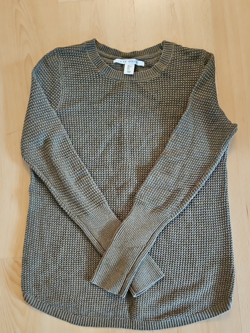 Max Studio Olive Waffle-Knit Crew Sweater